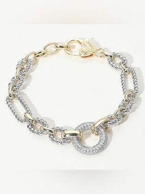 14K Gold Plated CZ Stone Paved Ring Link Two Tone Bracelet